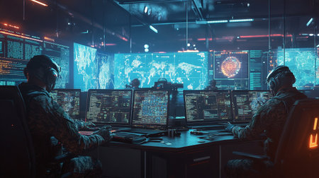 Cyber security concept. Hacker in a dark room with computers.