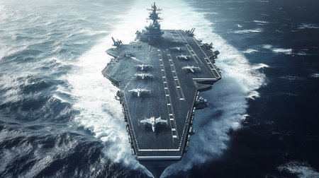 Futuristic aircraft carrier on the ocean. 3D rendering.