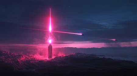 3d rendering of a tower in the sky at night.