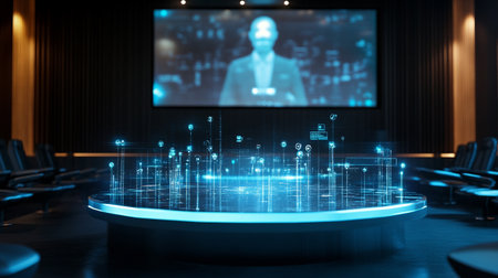 3D rendering of a conference room with a virtual projection of a screen with a virtual projection