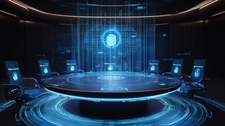 3D rendering of a virtual conference room with a round table and a hologram projection.の写真素材