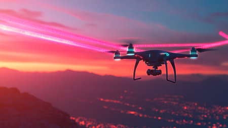 Drone with digital camera flying in the sky. 3d rendering