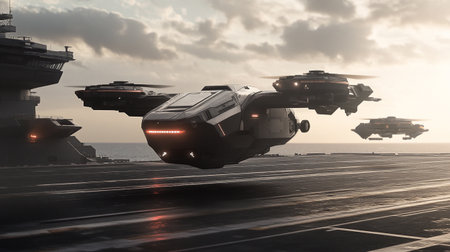 Futuristic spaceship flying over the aircraft carrier. 3d render