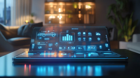 Close up of tablet with glowing business hologram on screen. 3d rendering