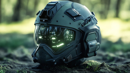 Helmet in the forest. 3D Renderingの写真素材