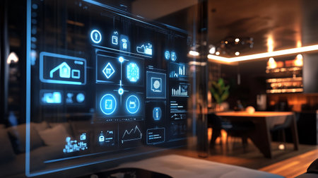Virtual screen with business icons on blurry office interior background. 3D rendering