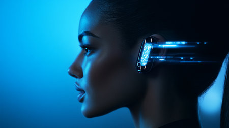 Portrait of beautiful african american woman with futuristic earphones