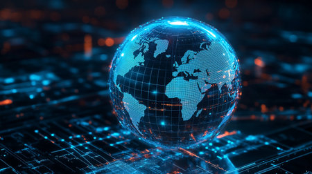 Globe on abstract circuit board background. 3d rendering toned image