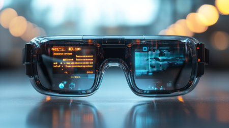 Virtual reality glasses on the table. 3d illustration. Bokeh background.