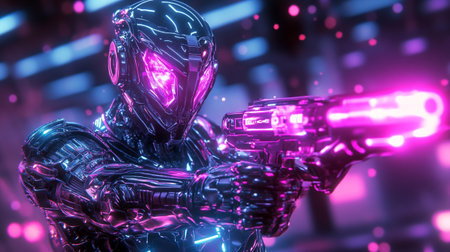 Cyborg with laser gun in his hands. 3d illustration.