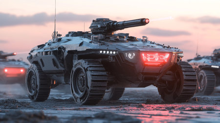 War Concept. Military silhouettes fighting scene on war fog sky background, World War Soldiers Silhouettes Below Cloudy Skyline At night. Attack scene. Armored vehicles. Tanks battle. Selective focusの写真素材