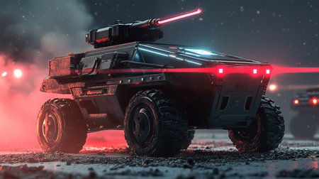 Military vehicle on a dark background with red light. 3d renderingの写真素材