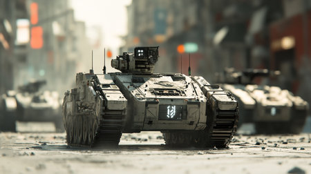 Military tank moving in the city. 3D illustration. Selective focus.