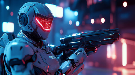 Cyborg holding a gun in his hand. 3d rendering.