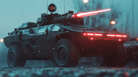 Military vehicle with red light on the background of the night city.
