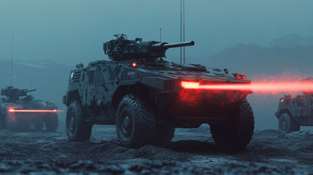Military vehicle with red light on the ground. 3D rendering.の写真素材