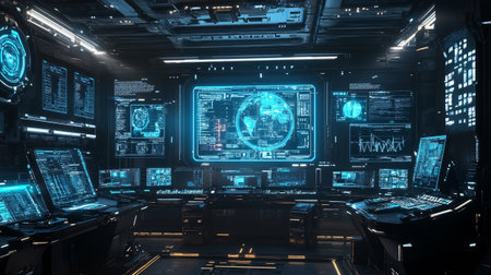Dark spaceship interior with glowing screens. 3d rendering toned image