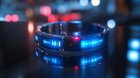 3d illustration of a modern smart watch with blue and red lightsの写真素材