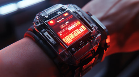 Close up view of a smartwatch with a red display in handの写真素材