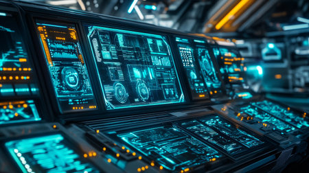 Close-up view of control panel in spaceship interior. 3D rendering