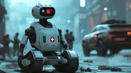 Robot on the road in the city. 3d rendering.の写真素材