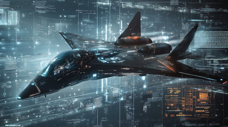 Fighter jet fighter jet flying over night city. 3D rendering