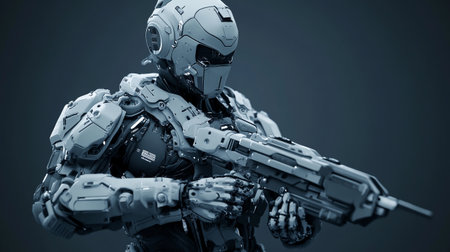 3D rendering of a robot with a gun on a dark backgroundの写真素材