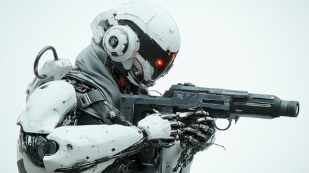 Cyborg with a machine gun on the background of the sky.の写真素材