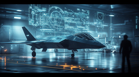 Fighter jet fighter in futuristic spaceship interior. 3D Rendering