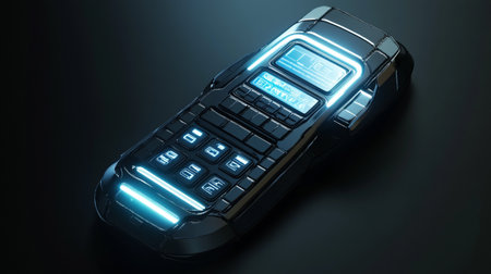 Mobile phone with blue light on a black background. 3d renderingの写真素材