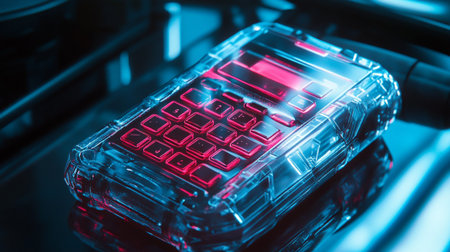 Close up of cash register machine with red light on blue background.