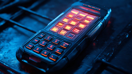 Old mobile phone on a dark background. Close-up shot.