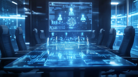 Modern conference room interior with virtual screen hologram. 3D Rendering
