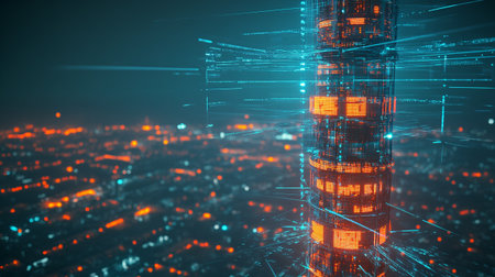 Futuristic city at night. 3d rendering toned image double exposureの写真素材