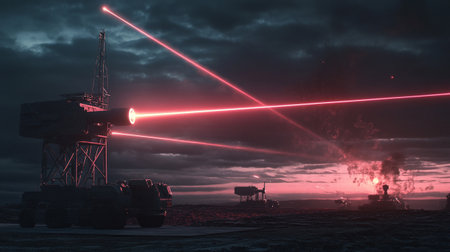 3D illustration of a drilling rig with a laser beam coming out