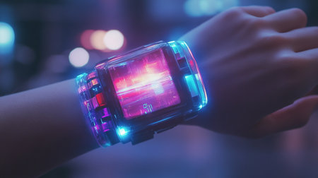 Smartwatch on the hand of a woman in the night city.の写真素材