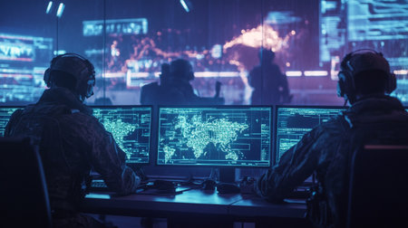 Group of security guards in surveillance room at night. Cybercrime concept.