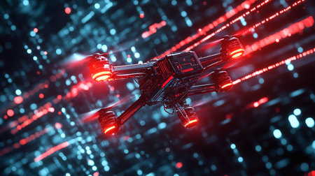 3d rendering of flying drone with red light on black background.の写真素材