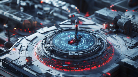 Futuristic spaceship with glowing HUD elements. 3D Rendering