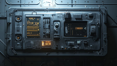 Close-up of control panel of a spaceship. 3D rendering