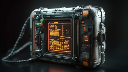 Close-up view of a professional video camera on a black background