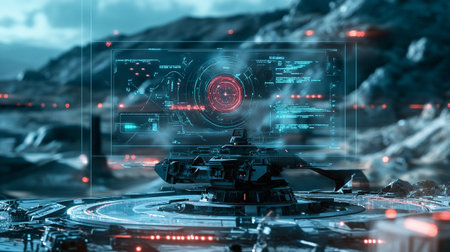 Futuristic interface with HUD elements. 3d rendering toned image double exposureの写真素材