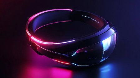 Virtual reality headset with neon light on dark background. 3d rendering