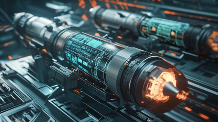 3D rendering of a future spaceship with neon lights. 3D illustration.