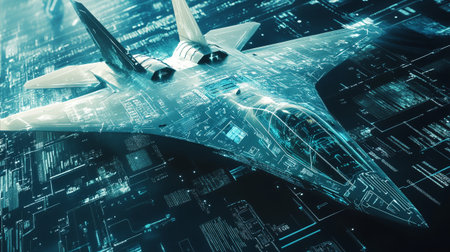 3d rendering of airplane over blue toned background with business chartの写真素材