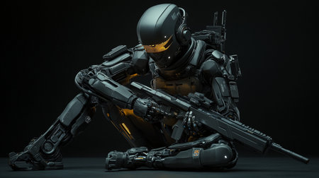 Robot with assault rifle on dark background. 3D rendering.