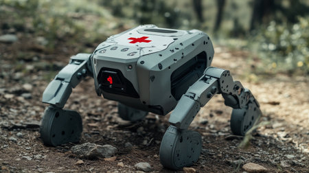 Futuristic robot in the forest. Future concept. 3D Rendering
