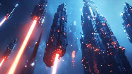 Futuristic city at night with neon lights. 3d rendering