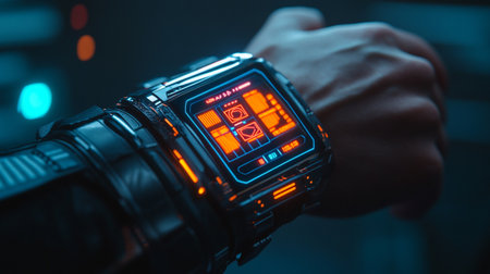 Close-up of a hand with a smart watch in the darkの写真素材