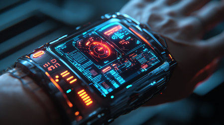 Futuristic smart watch in the hands of a man close upの写真素材